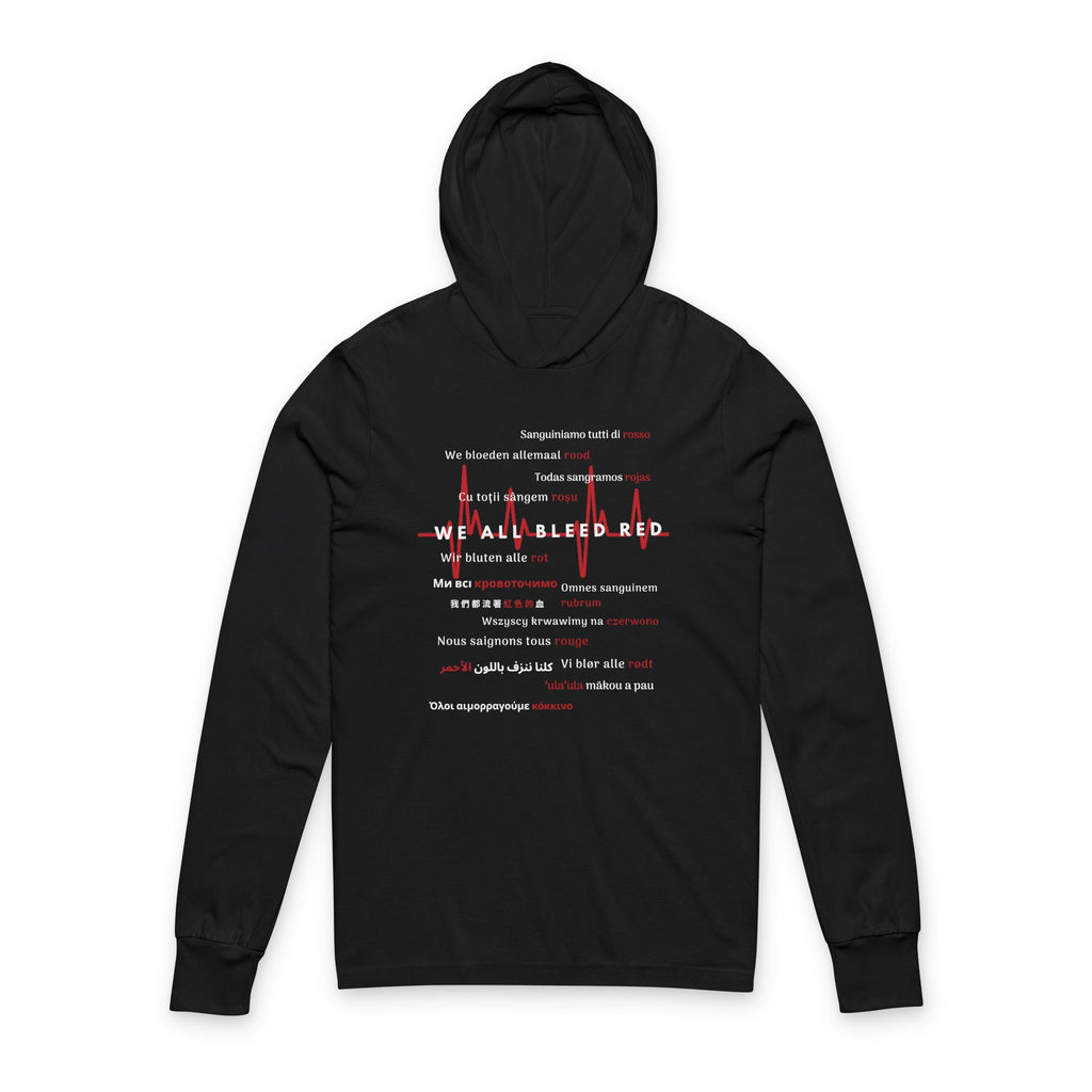 Humanity Hoodie with Multilingual Phrase, Unisex Hooded Long Sleeve Tee, All Bleed Red Sweatshirt, Diversity Long Sleeve Shirt, Inclusion - Save Humanity with Kindness